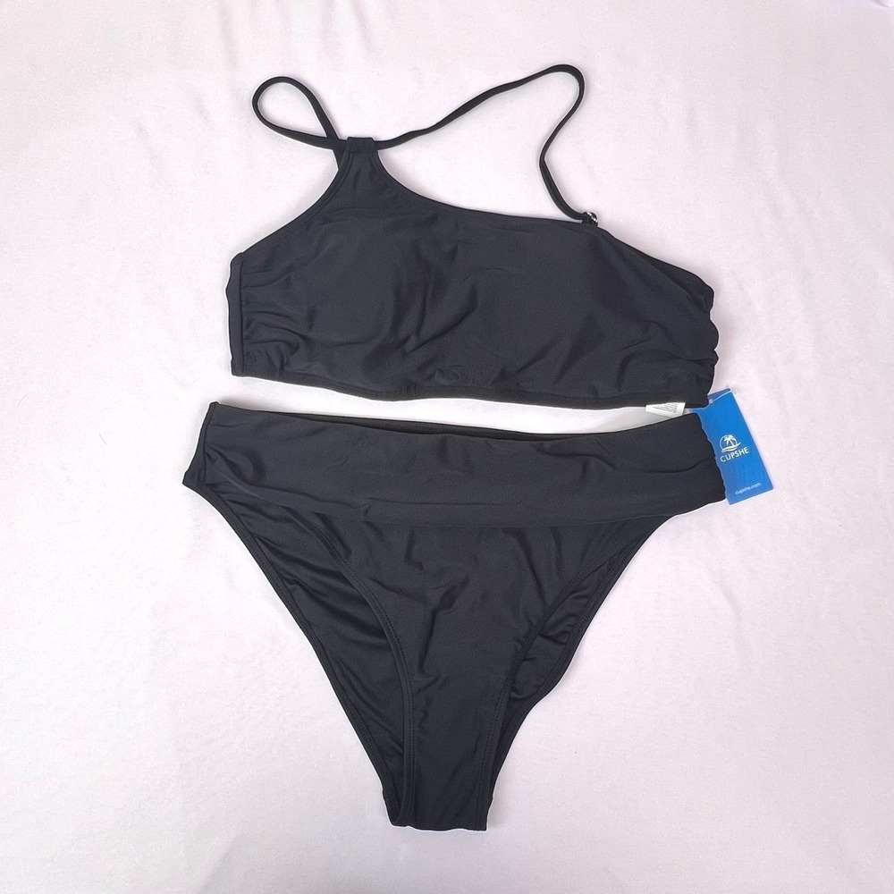 Cupshe Womens Black One Shoulder High Waisted Bikini Set  Size L NEW